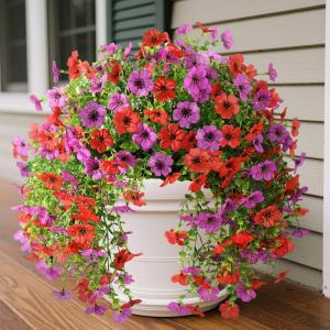 Artificial Fake Hanging Flowers Plants for Outdoor Outside Decoration, Faux Silk Daisy Flower Realistic UV Resistant for Front Porch Patio Balcony Garden Yard Indoor Planter Home Decor(Purple Red)(Red Purple)