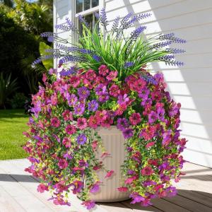 Artificial Fake Hanging Flowers Plants for Outdoor Outside Decoration, Faux Silk Daisy Flower Realistic UV Resistant for Front Porch Patio Balcony Garden Yard Indoor Planter Home Decor(Purple Red)(Purple Fuchsia)