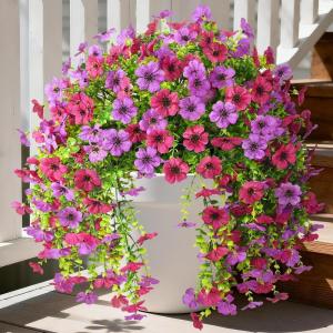 Artificial Fake Hanging Flowers Plants for Outdoor Outside Decoration, Faux Silk Daisy Flower Realistic UV Resistant for Front Porch Patio Balcony Garden Yard Indoor Planter Home Decor(Purple Red)(Mix Purple)