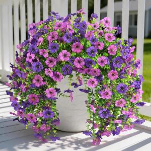 Artificial Fake Hanging Flowers Plants for Outdoor Outside Decoration, Faux Silk Daisy Flower Realistic UV Resistant for Front Porch Patio Balcony Garden Yard Indoor Planter Home Decor(Purple Red)(Double Purple)