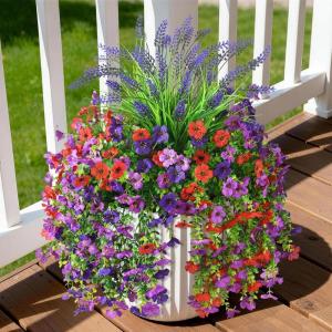 Artificial Fake Hanging Flowers Plants for Outdoor Outside Decoration, Faux Silk Daisy Flower Realistic UV Resistant for Front Porch Patio Balcony Garden Yard Indoor Planter Home Decor(Purple Red)(Mixed 2)