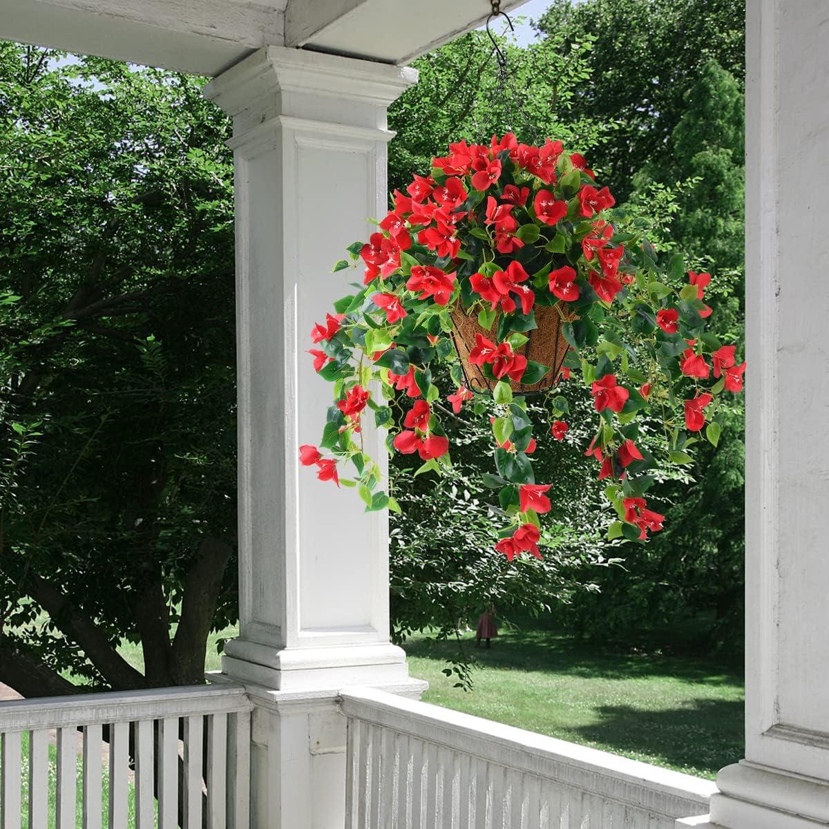 image:imageHomsunny Artificial Fake Hanging Flowers Plants Basket for Outdoor Decoration Faux Silk Flower Bougainvillea Planter Look Real UV Resistant for Home Porch Patio Balcony Yard Spring DecorPurpleRed