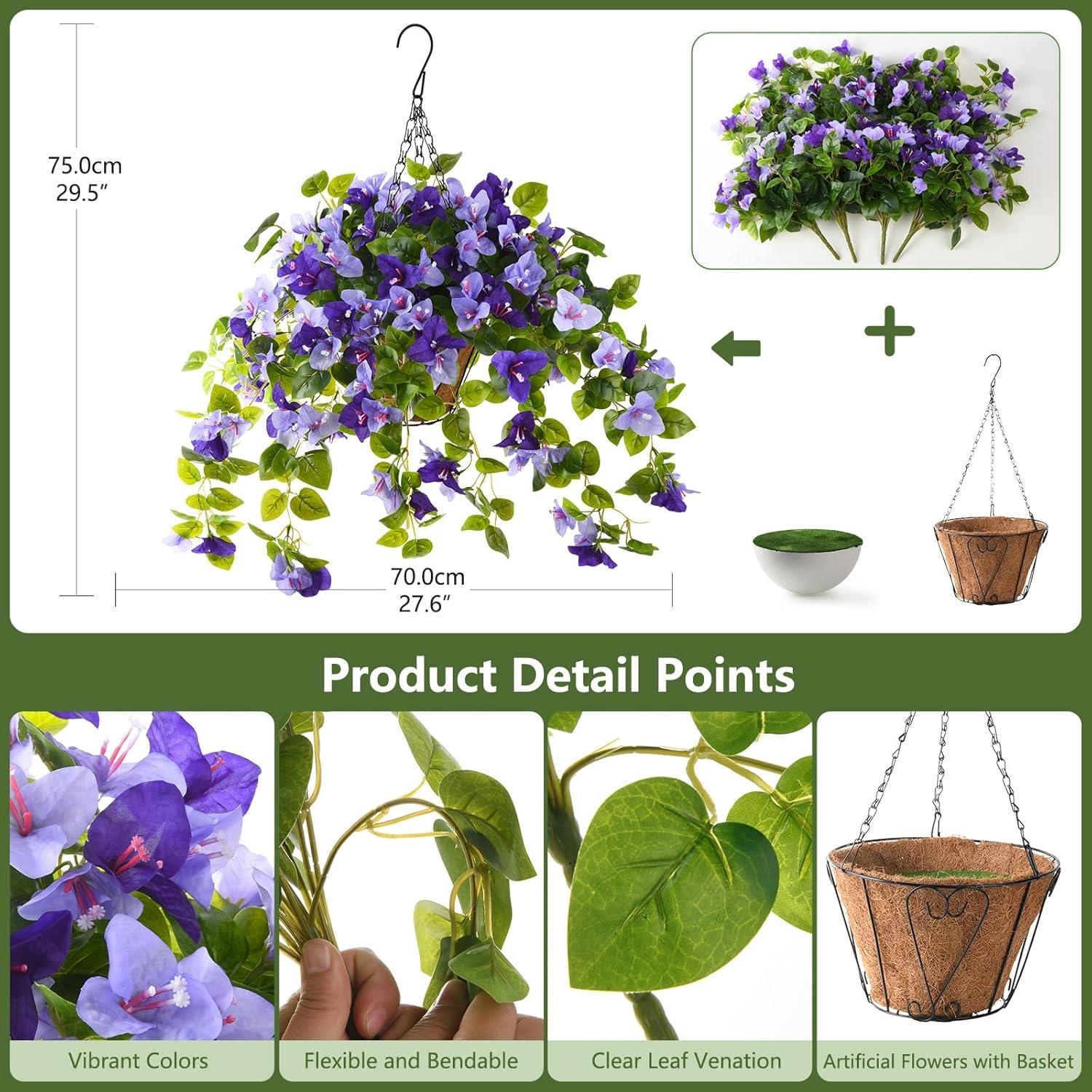 image:imageHomsunny Artificial Fake Hanging Flowers Plants Basket for Outdoor Decoration Faux Silk Flower Bougainvillea Planter Look Real UV Resistant for Home Porch Patio Balcony Yard Spring DecorPurpleDouble Purple