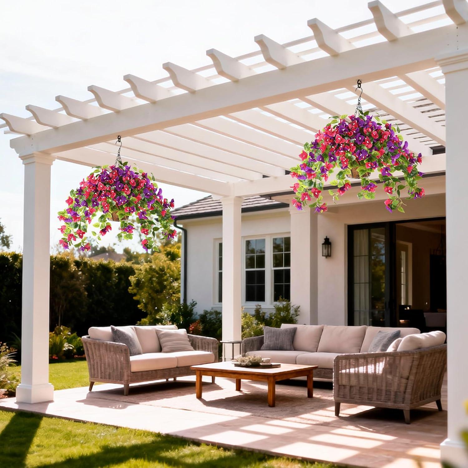 image:imageHomsunny Artificial Fake Hanging Flowers Plants Basket for Outdoor Decoration Faux Silk Flower Bougainvillea Planter Look Real UV Resistant for Home Porch Patio Balcony Yard Spring DecorPurpleMix Purple