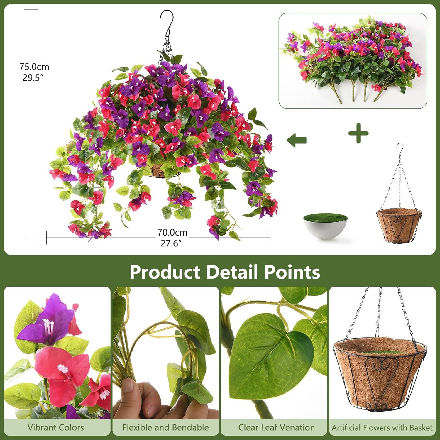 image:imageHomsunny Artificial Fake Hanging Flowers Plants Basket for Outdoor Decoration Faux Silk Flower Bougainvillea Planter Look Real UV Resistant for Home Porch Patio Balcony Yard Spring DecorPurpleMix Purple