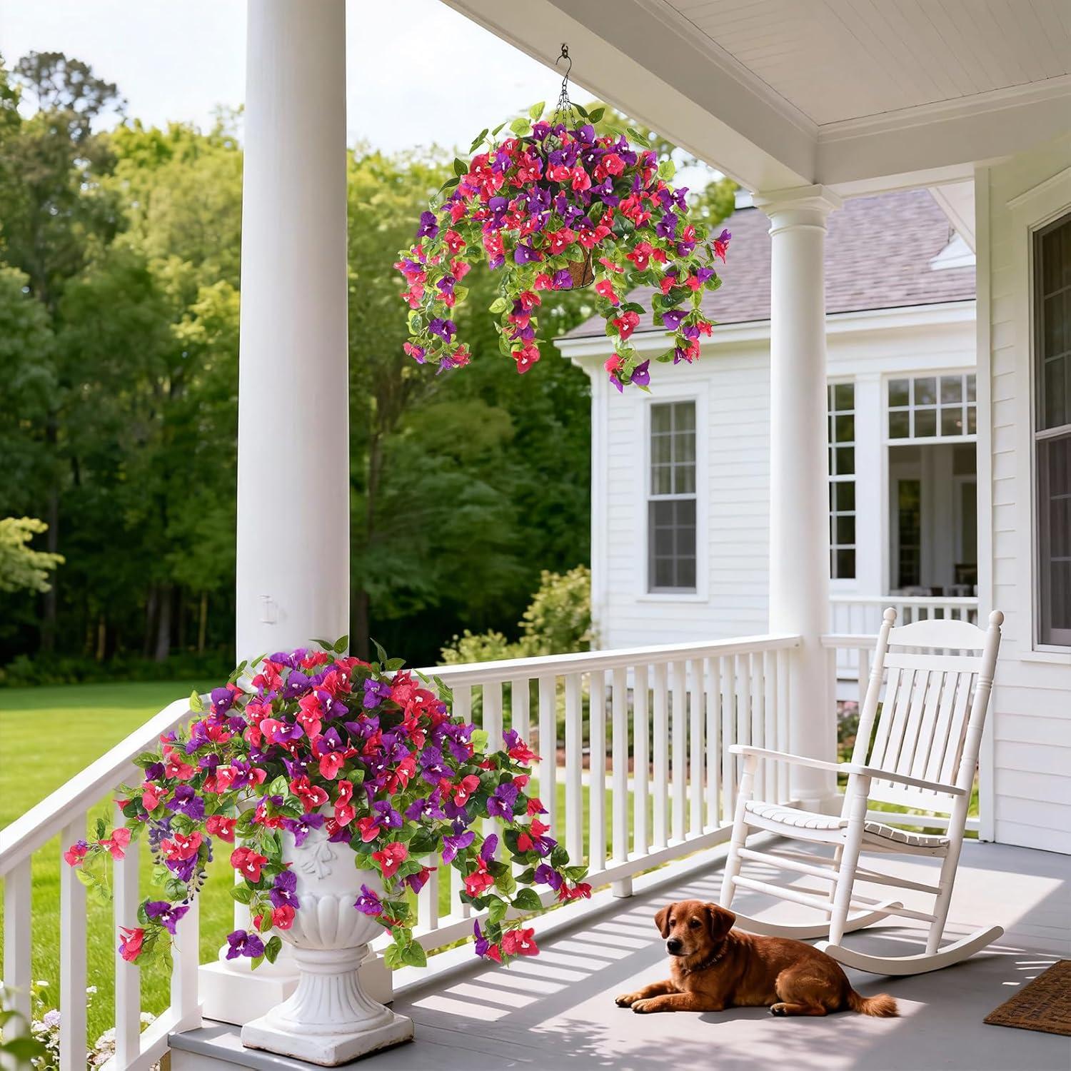 image:imageHomsunny Artificial Fake Hanging Flowers Plants Basket for Outdoor Decoration Faux Silk Flower Bougainvillea Planter Look Real UV Resistant for Home Porch Patio Balcony Yard Spring DecorPurpleMix Purple