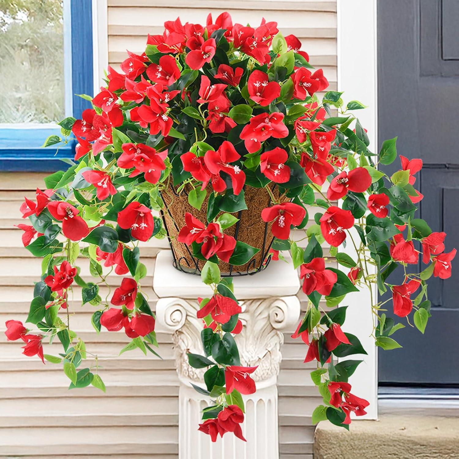 image:imageHomsunny Artificial Fake Hanging Flowers Plants Basket for Outdoor Decoration Faux Silk Flower Bougainvillea Planter Look Real UV Resistant for Home Porch Patio Balcony Yard Spring DecorPurpleRed