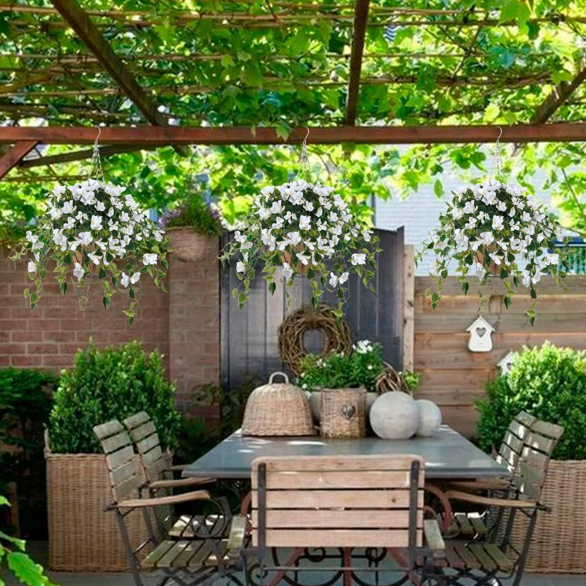 image:imageHomsunny Artificial Fake Hanging Flowers Plants Basket for Outdoor Decoration Faux Silk Flower Bougainvillea Planter Look Real UV Resistant for Home Porch Patio Balcony Yard Spring DecorPurpleWhite