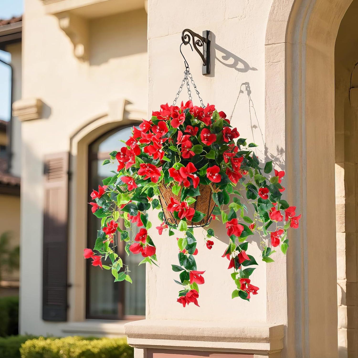 image:imageHomsunny Artificial Fake Hanging Flowers Plants Basket for Outdoor Decoration Faux Silk Flower Bougainvillea Planter Look Real UV Resistant for Home Porch Patio Balcony Yard Spring DecorPurpleRed
