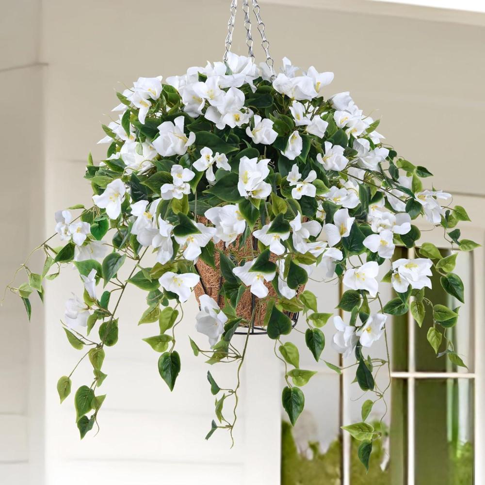 image:imageHomsunny Artificial Fake Hanging Flowers Plants Basket for Outdoor Decoration Faux Silk Flower Bougainvillea Planter Look Real UV Resistant for Home Porch Patio Balcony Yard Spring DecorPurpleWhite
