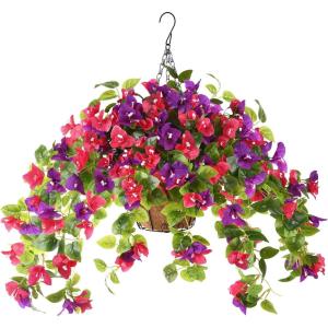 Homsunny Artificial Fake Hanging Flowers Plants Basket for Outdoor Decoration, Faux Silk Flower Bougainvillea Planter Look Real UV Resistant for Home Porch Patio Balcony Yard Spring Decor(Purple)(Mix Purple)