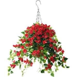 Homsunny Artificial Fake Hanging Flowers Plants Basket for Outdoor Decoration, Faux Silk Flower Bougainvillea Planter Look Real UV Resistant for Home Porch Patio Balcony Yard Spring Decor(Purple)(Red)