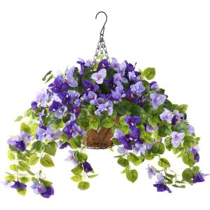 Homsunny Artificial Fake Hanging Flowers Plants Basket for Outdoor Decoration, Faux Silk Flower Bougainvillea Planter Look Real UV Resistant for Home Porch Patio Balcony Yard Spring Decor(Purple)(Double Purple)